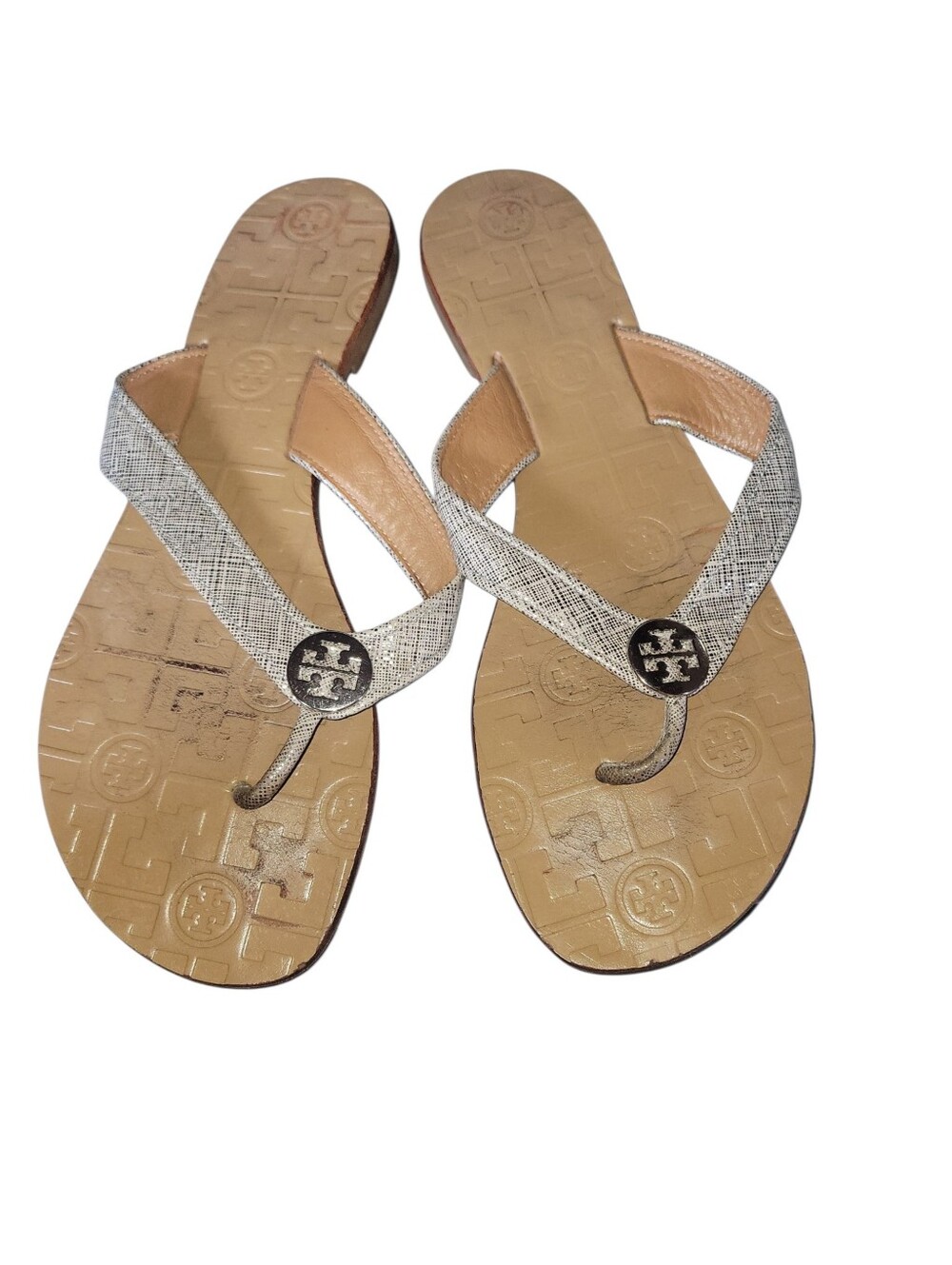 Tory Burch Thora  Metallic Silver Straps Leather W/Gold Logo Thong Sandals 8M